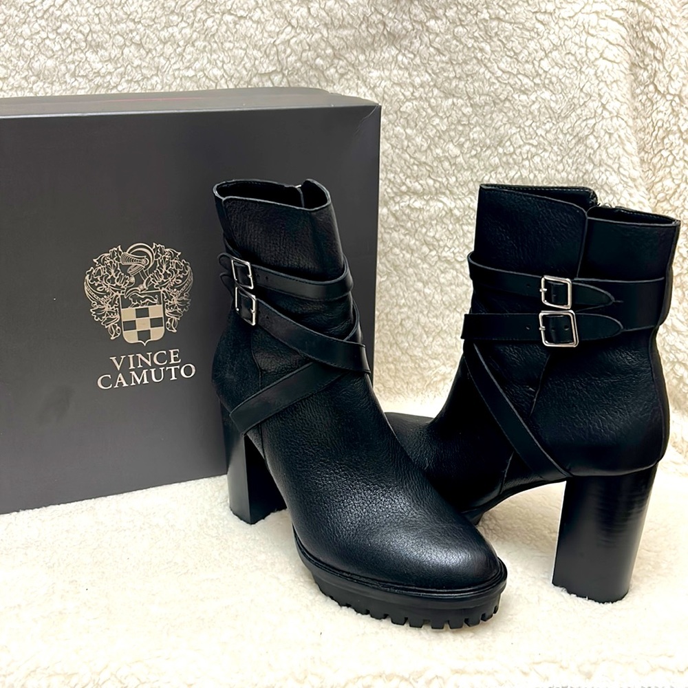 Vince Camuto VC-Elisen Womens Leather Block-Heel Mid-Calf Boots black size 10